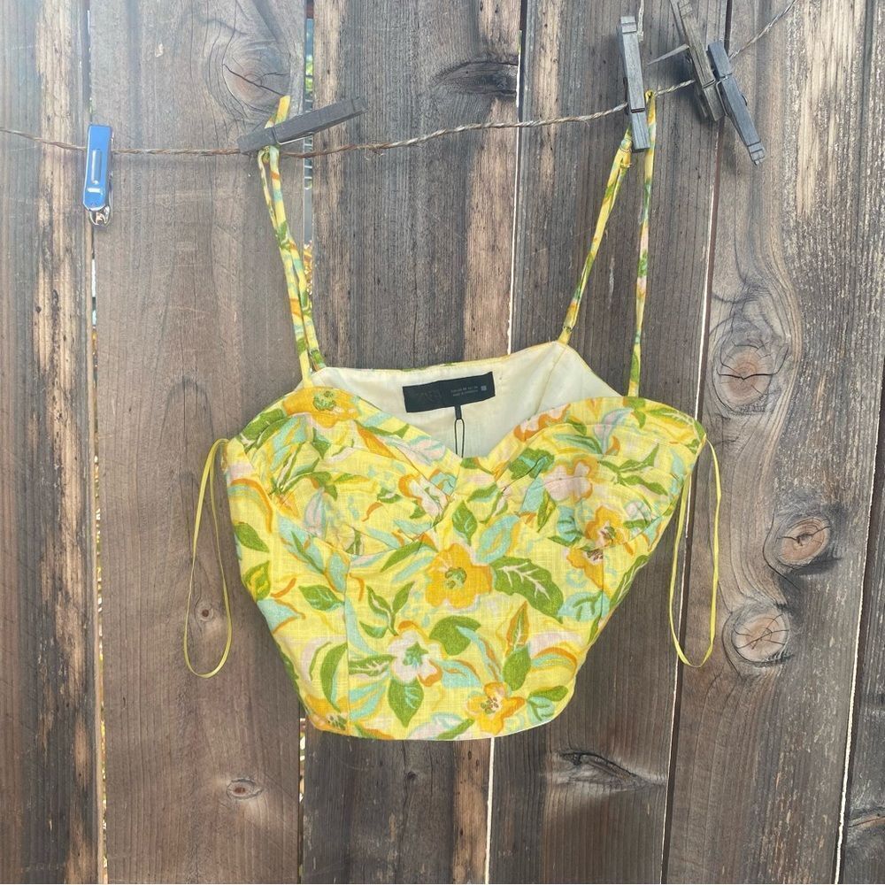 Zara Linen blend corset top with ruching Floral Yellow NWT XS - Picture 9 of 12